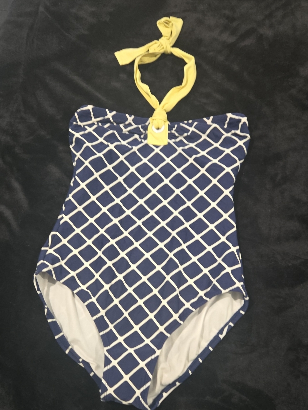 Beach House Navy and White Lattice One-Piece with Gold Logo